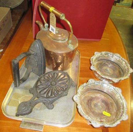 COPPER KETTLE WITH PAIR OF WINE COASTERS ETC Image