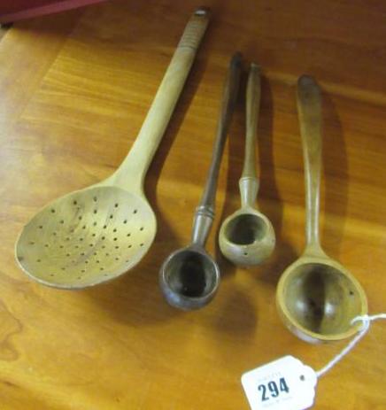 TREEN DAIRY SKIMMER WITH THREE PIERCED TREEN DAIRY LADLES Image