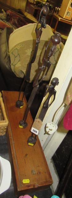 THREE TALL CARVED WOOD KENYAN MASAI FIGURES IN AN OLD PINE BOX Image