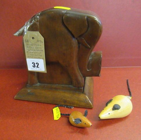 ART DECO CARVED WOOD ELEPHANT CIGARETTE DISPENSER AND TWO MICE Image
