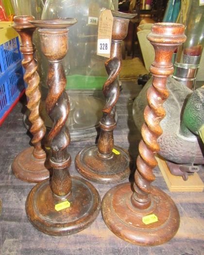 TWO PAIRS OF EDWARDIAN OAK BARLEY TWIST CANDLESTICKS Image