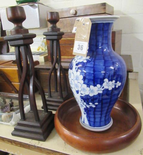 PAIR OF CANDLESTICKS, WOODEN BOWL AND CHINESE VASE Image
