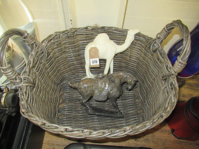 CHINESE TANG STYLE CARVED MARBLE HORSE WITH ALABASTER CAMEL AND BASKET Image
