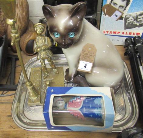 BRASS LAMP LIGHTER MODEL WITH CERAMIC CAT AND RUSSIAN TOY Image