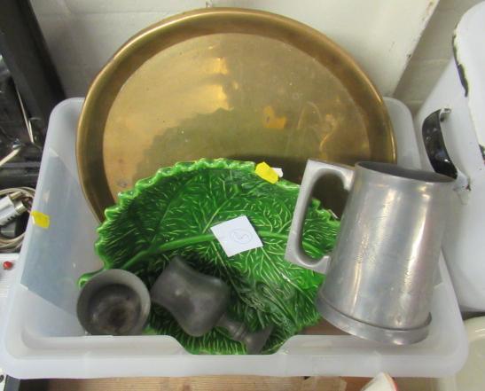 BRASS TRAY, GREEN LEAF BOWL AND THREE PEWTER CUPS Image