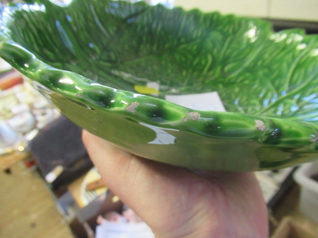 BRASS TRAY, GREEN LEAF BOWL AND THREE PEWTER CUPS Image