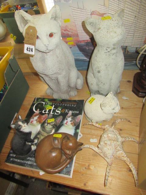 FIVE GARDEN AND OTHER CAT ORNAMENTS AND A CAT BOOK Image