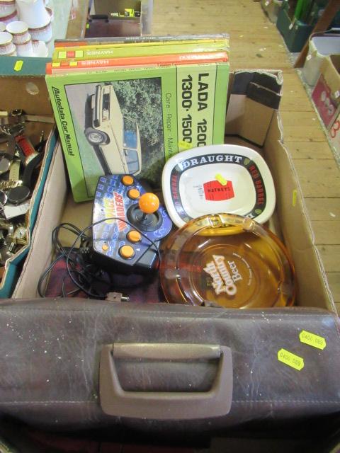 BOX OF MISCELLAENOUS INCLUDING CAR MANUALS AND CROWN GREEN BOWLS Image
