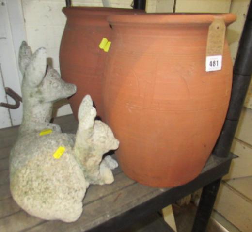PAIR OF TERRACOTTA PLANT POTS WITH FAWN AND DOE GARDEN ORNAMENTS Image