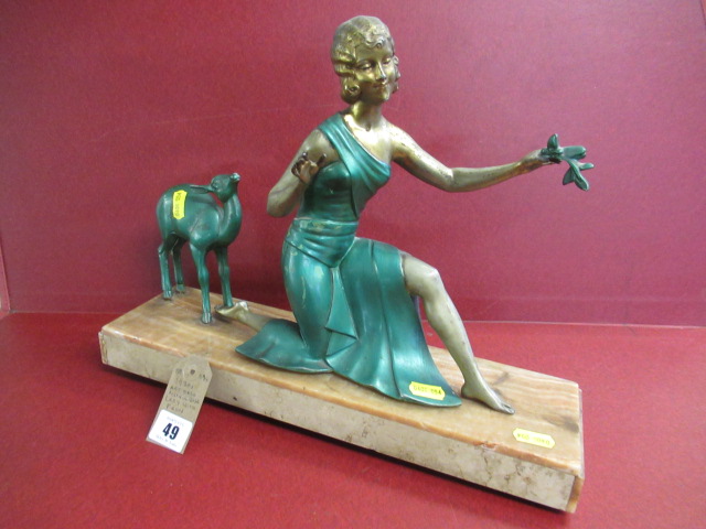 ART DECO COLD PAINTED METAL LADY WITH FAWN ON MARBLE BASE Image
