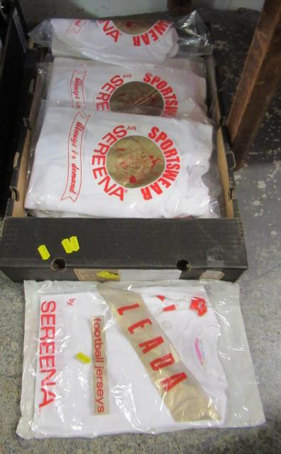 BOX OF VINTAGE FOOTBALL SHIRTS AND SPORTSWEAR Image