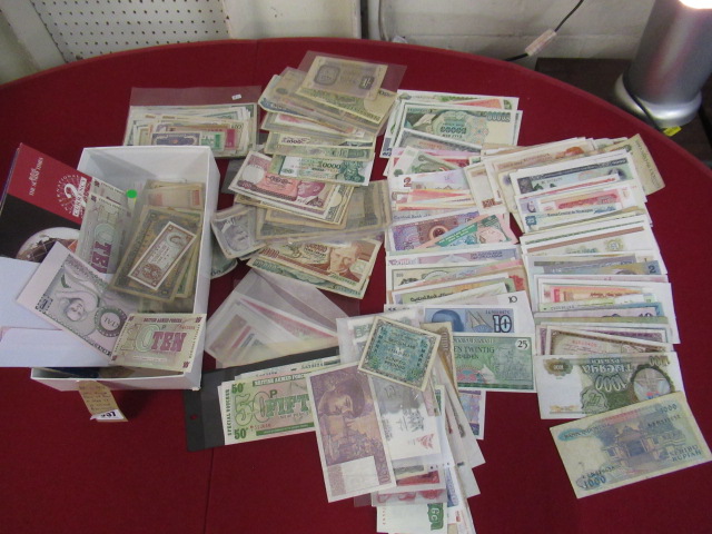 WELL FILLED BOX OF MINT AND USED UK AND WORLD BANK NOTES Image
