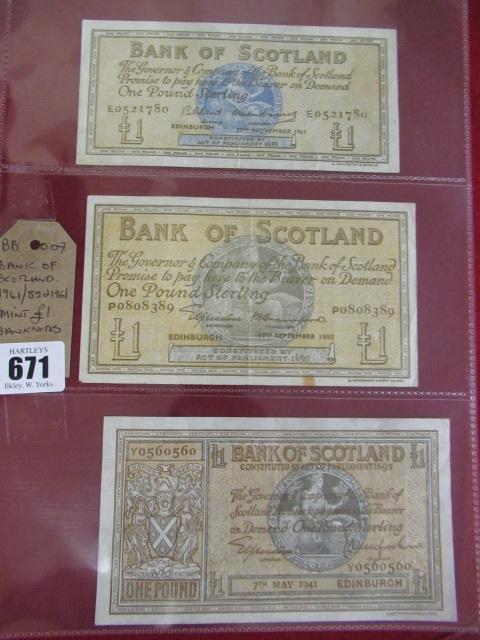 BANK OF SCOTLAND 1941, 52, AND 1961 MINT ONE POUND BANK NOTES Image