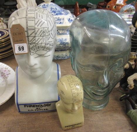 TWO REPRODUCTION PHRENOLOGY HEADS AND A GLASS HEAD Image
