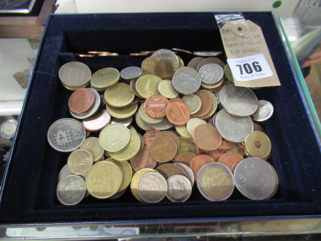 BLUE BOX OF WORLD COINS INCLUDING EUROS Image