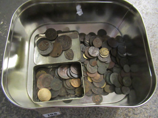 TIN OF WORLD COINS WITH TIN OF MAINLY BRITISH TOKENS AND MEDALLIONS Image