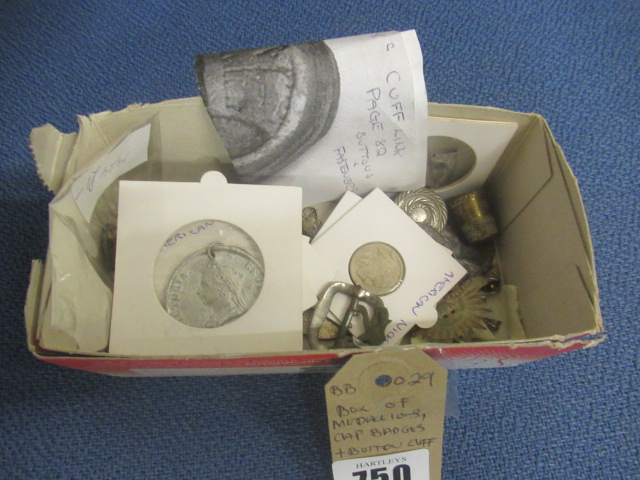 BOX OF MEDALLIONS, CAP BADGES AND BUTTON CUFFLINK SOME SILVER Image