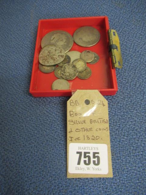 BOX OF SILVER BRITISH AND OTHER COINS INCLUDING 1820 CROWN Image