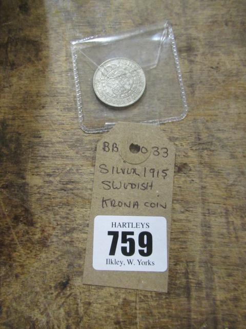 SILVER 1915 SWEDISH KRONA COIN Image