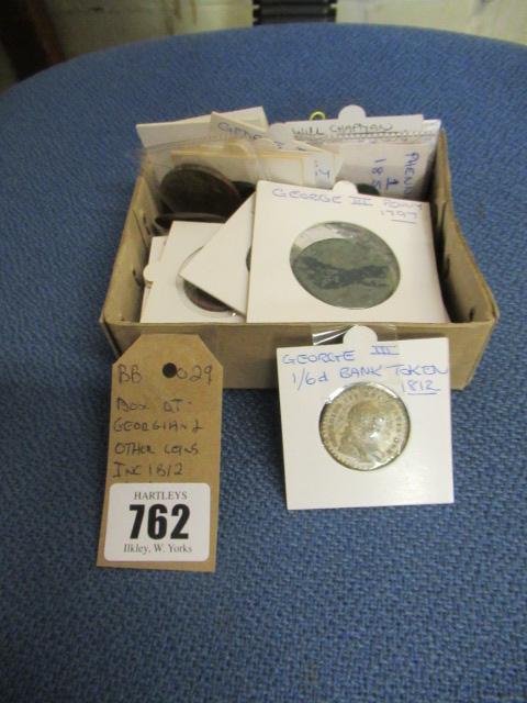 BOX OF GEORGIAN AND OTHER COINS INCLUDING 1812 ONE AND SIX BANK TOKEN Image