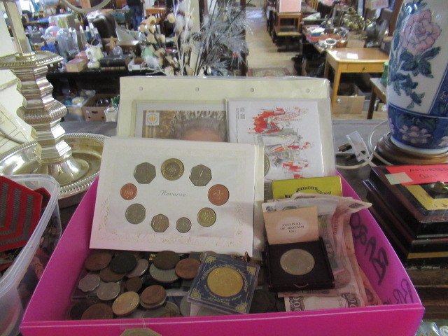 BOX OF FIRST DAY COVERS, COIN SETS AND BANK NOTES Image