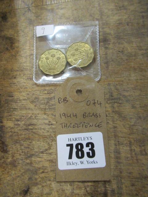 TWO 1944 BRASS THREEPENNY BITS Image