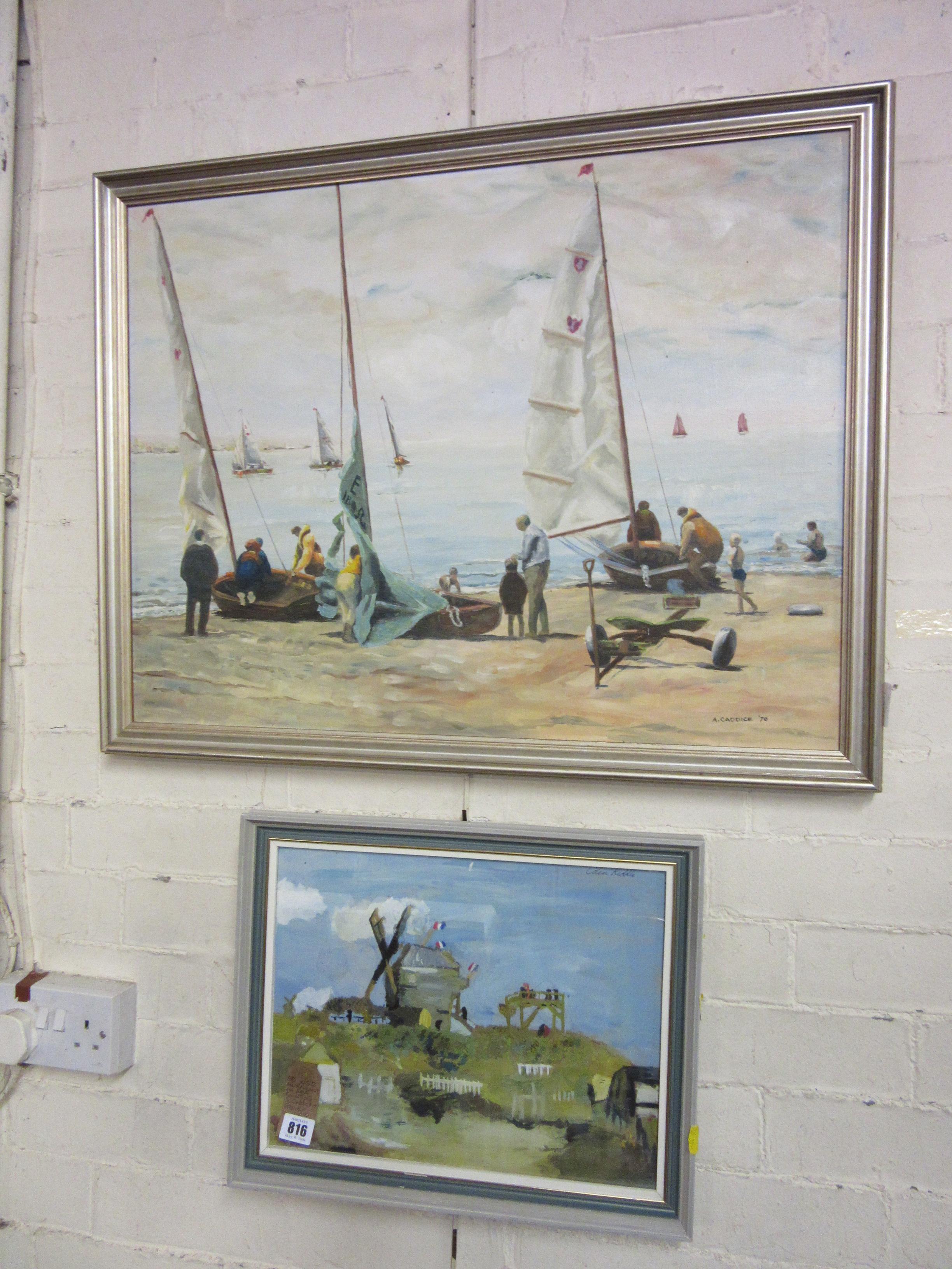 BURNHAM ON SEA PAINTING BY A CADDICK AND FRENCH WINDMILL PICTURE Image