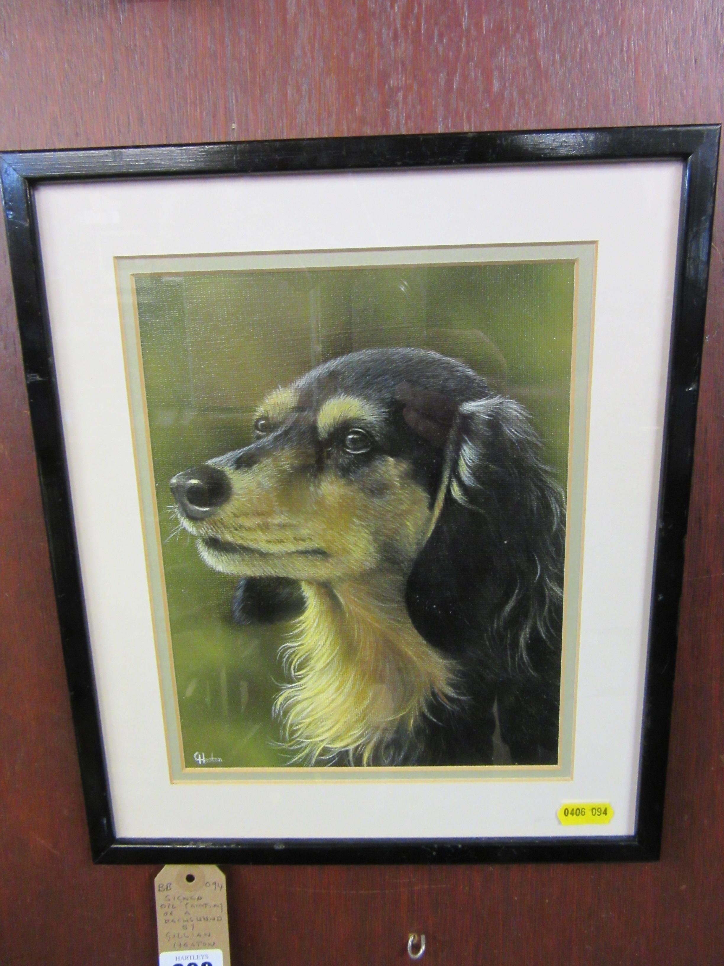 SIGNED OIL OF A LONG HAIRED DACHSHUND BY GILLIAN HEATON Image