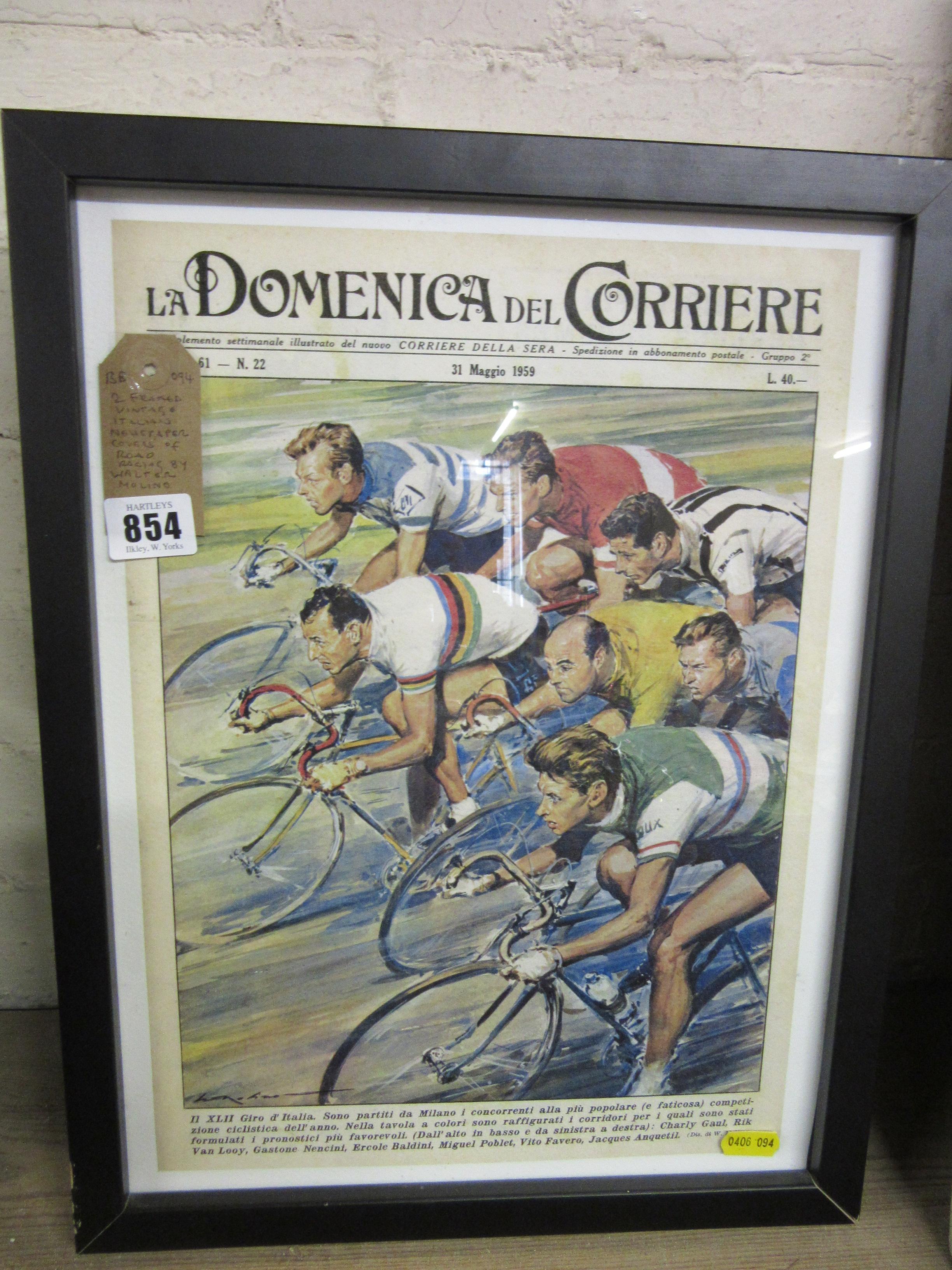 TWO FRAMED VINTAGE ITALIAN NEWSPAPER COVERS OF ROAD RACING BY WALTER MOLINO Image