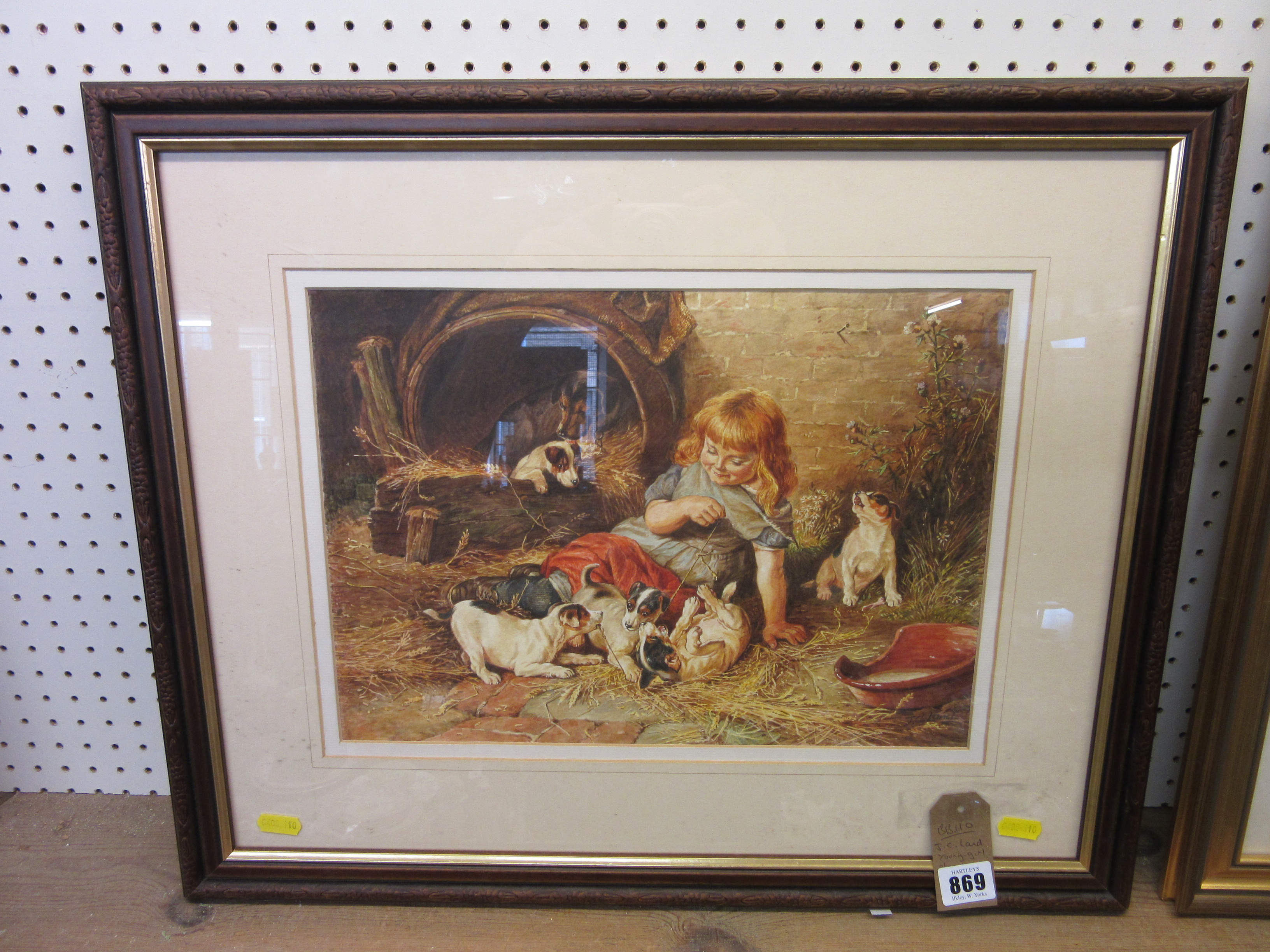 SIGNED WATERCOLOUR OF YOUNG GIRL PLAYING WITH PUPPIES BY J C LAND Image