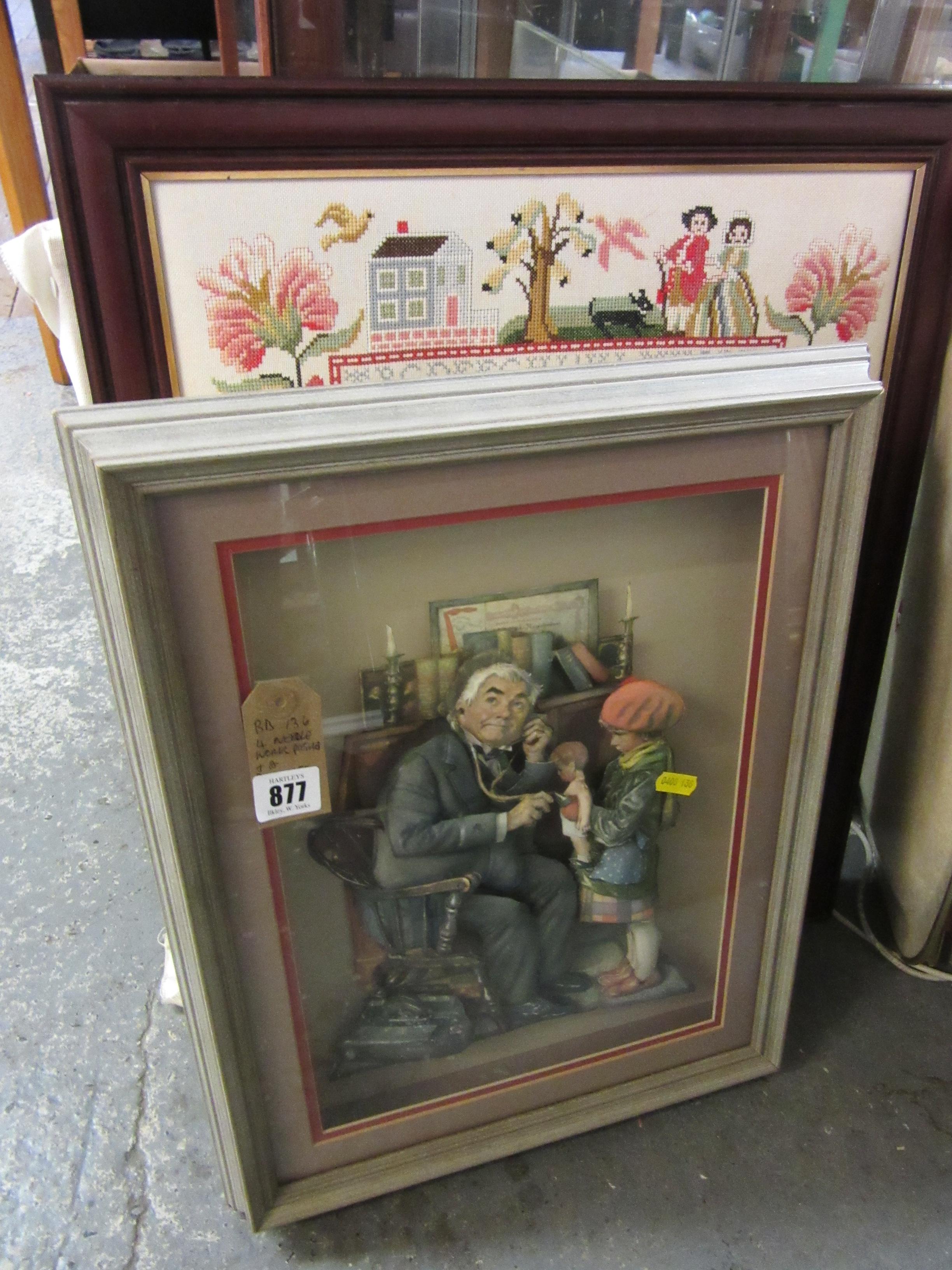 FOUR NEEDLEWORK PICTURES AND A DECOUPAGE PICTURE Image