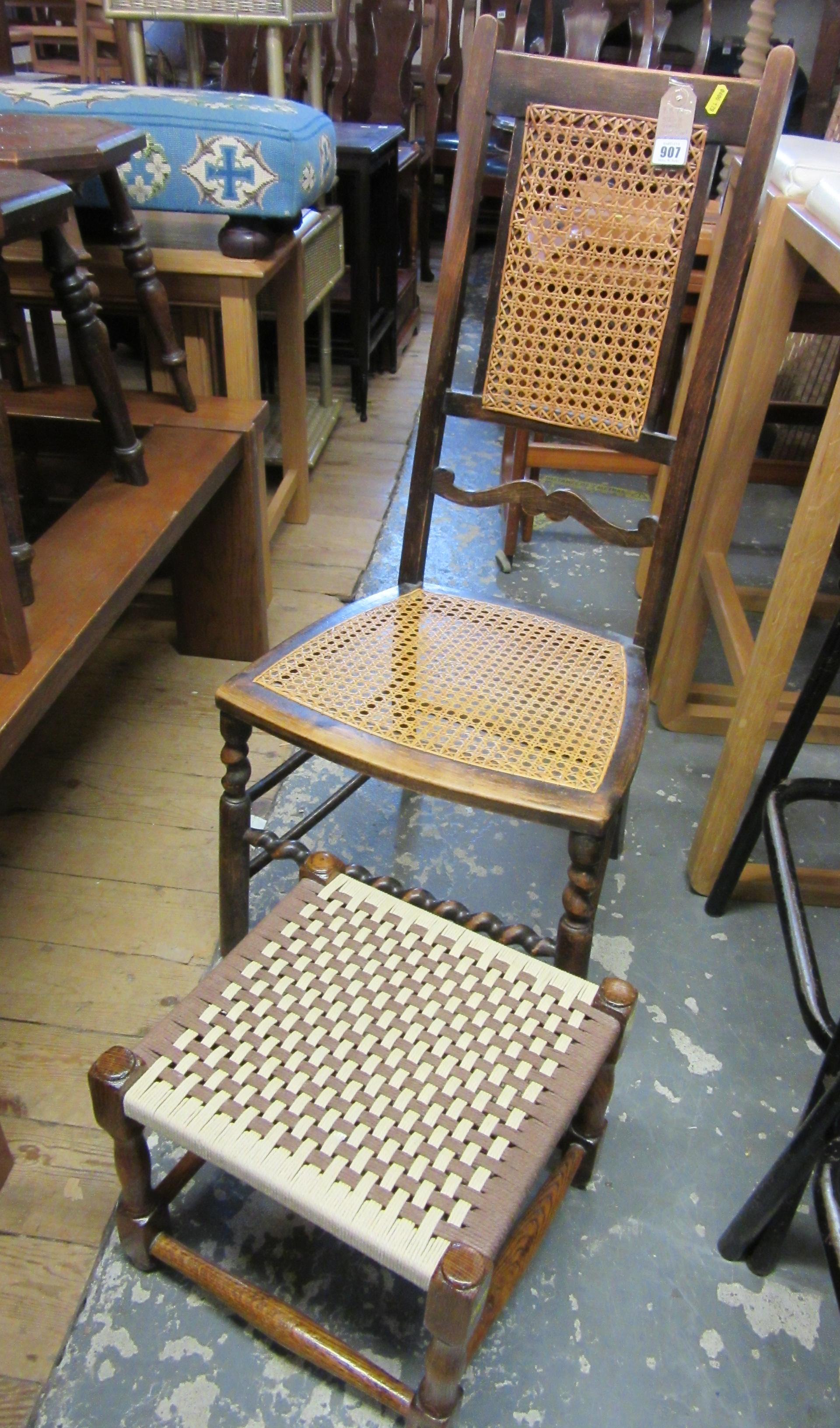 OAK STOOL WITH STRING SEAT AND A CANE SEATED CHAIR Image