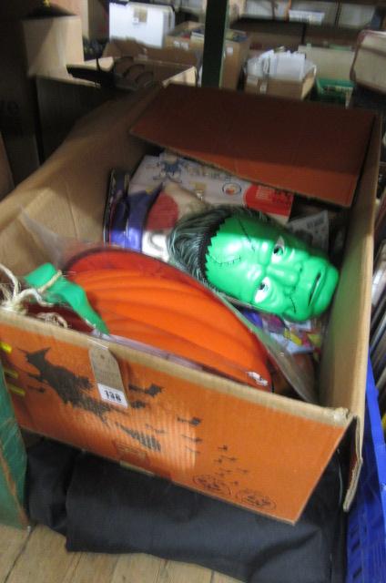 BOX OF HALLOWEEN ITEMS AND A TRAVEL BAG Image