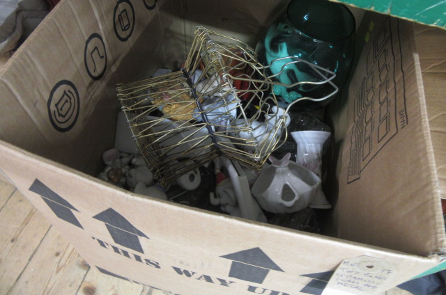 TWO BOXES OF CERAMICS  GLASS AND METAL WARE Image