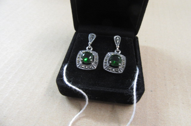 PAIR OF SILVER GREEN STONE AND MARCASITE EARRINGS Image