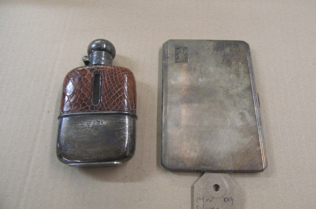 SILVER CIGARETTE CASE AND SILVER HIP FLASK  Image
