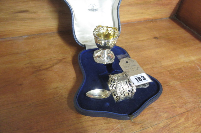 CASED THREE PIECE SILVER CHRISTENING SET   Image