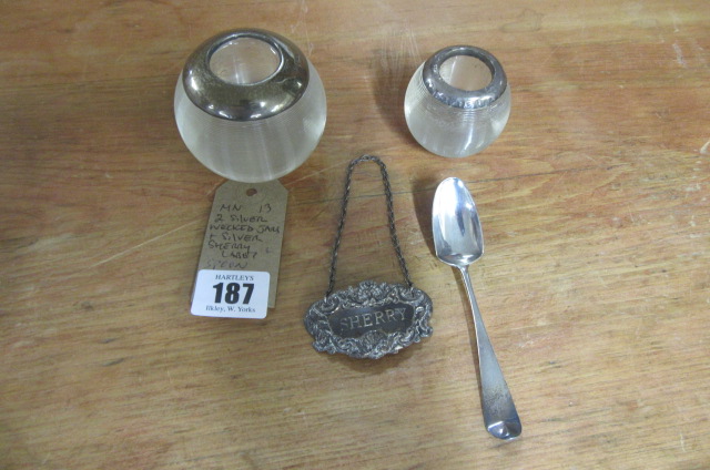 TWO SILVER RIMMED MATCH STRIKERS  SHERRY LABEL AND A SPOON Image
