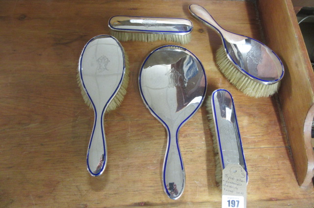 FIVE PIECE SILVER AND ENAMEL DRESSING TABLE SET Image