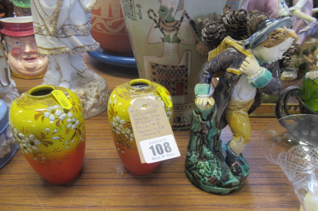 MINTON MAJOLICA FIGURE AND A PAIR OF JAPANESE VASES Image