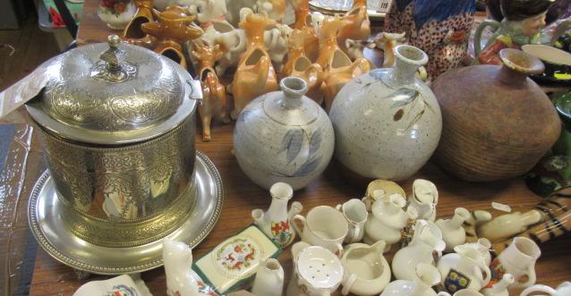 THREE POTTERY VASES AND PLATED BISCUIT BARREL Image
