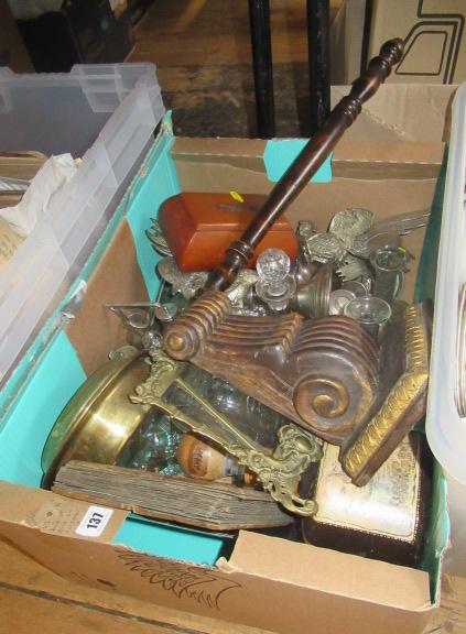 BOX OF MISCELLANEOUS ITEMS INCLUDING DECANTERS AND COCKERELS Image