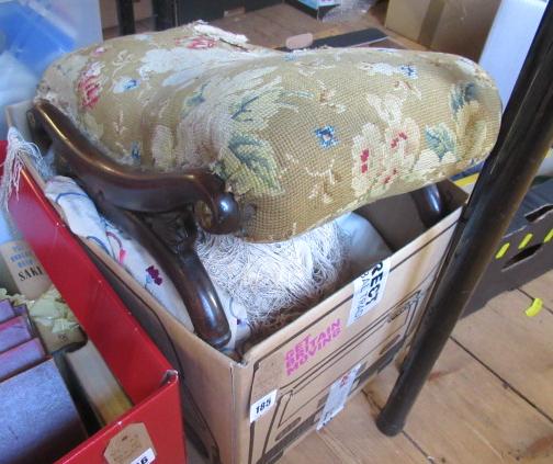 FOOTSTOOL AND A BOX OF CURTAIN MATERIAL Image