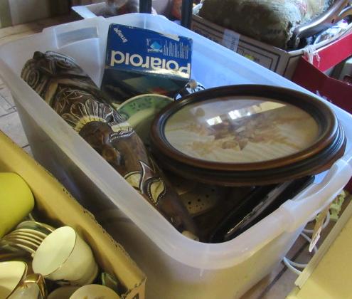 BOX OF BLUE AND WHITE CERAMICS INCLUDING A POLAROID CAMERA ETC Image