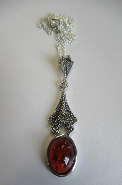 SILVER  AMBER AND MARCASITE PENDANT ON SILVER CHAIN Image