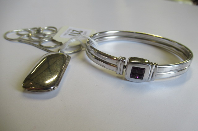 SILVER PENDANT LOCKET ON CHAIN AND A BANGLE Image
