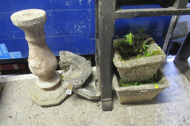 BIRD BATH AND TWO SQUARE GARDEN PLANTERS Image