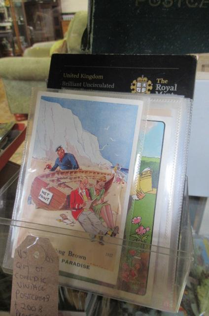 QUANTITY OF COMEDY VINTAGE POSTCARDS AND 2008 PROOF COIN SET Image