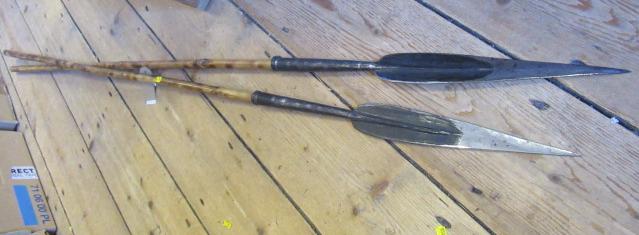 TWO AFRICAN HAND FORGED IRON SPEAR HEADS ON BAMBOO SHAFTS Image