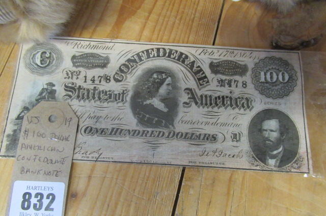 100 DOLLAR AMERICAN CONFEDERATE BANK NOTE Image
